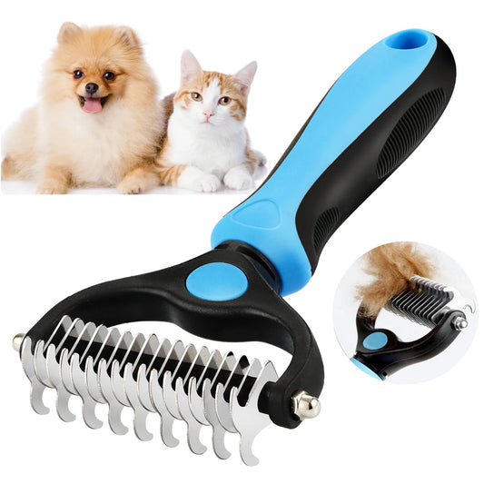 Professional pet deshedding brush blue handle with cat and dog on white background