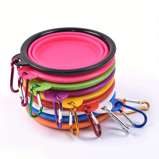 Stack of colorful foldable pet travel bowls with carabiner clips