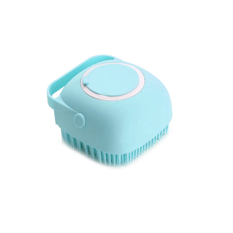 Blue silicone pet bath brush displayed on white background