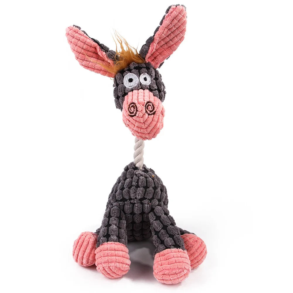 Grey and pink plush donkey dental chew toy for dogs
