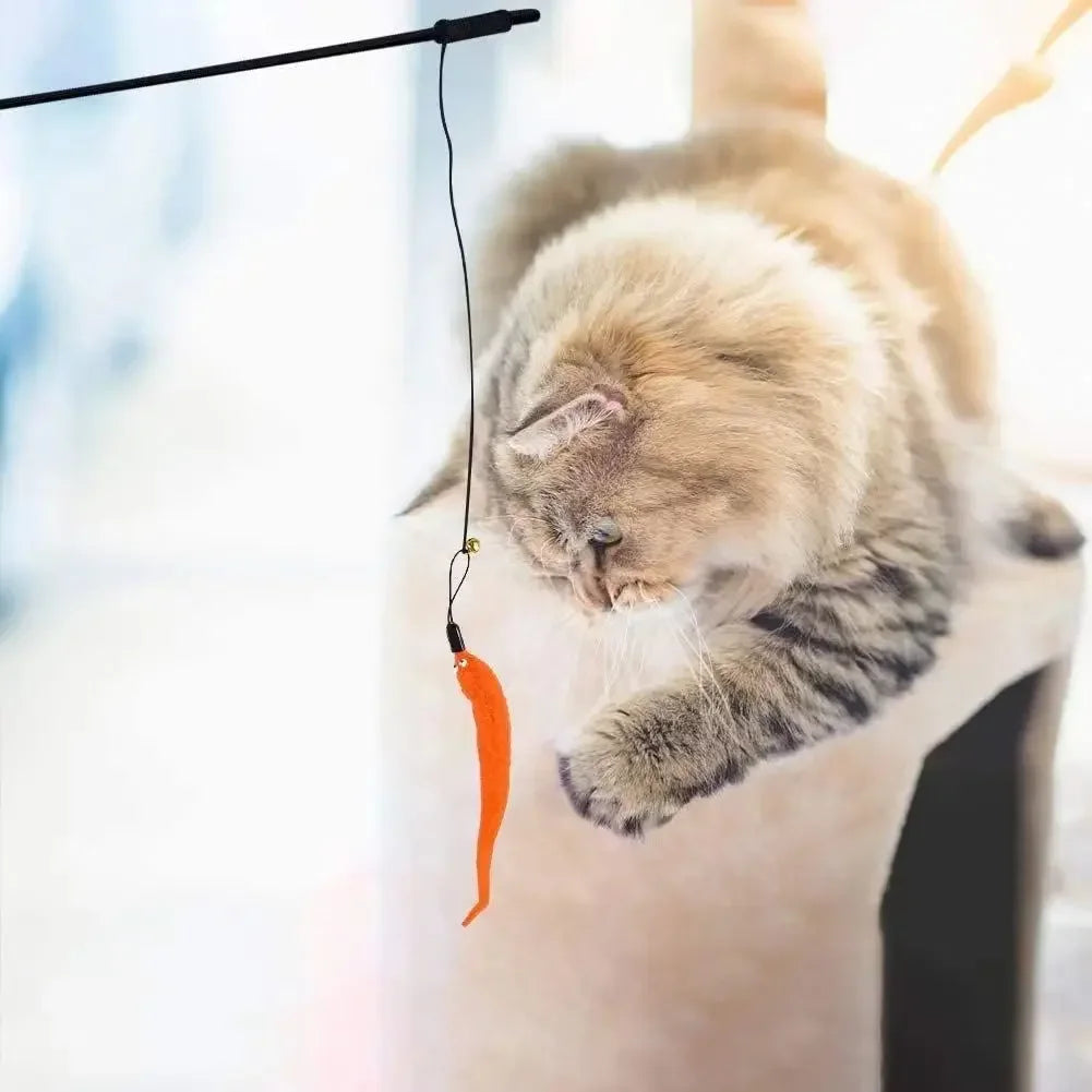 Fluffy cat catching orange worm toy attached to wand interactive play session