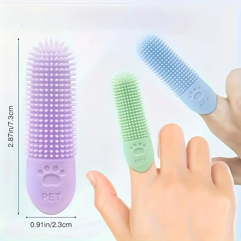 Hand holding blue silicone finger toothbrush showing 360 degree bristles