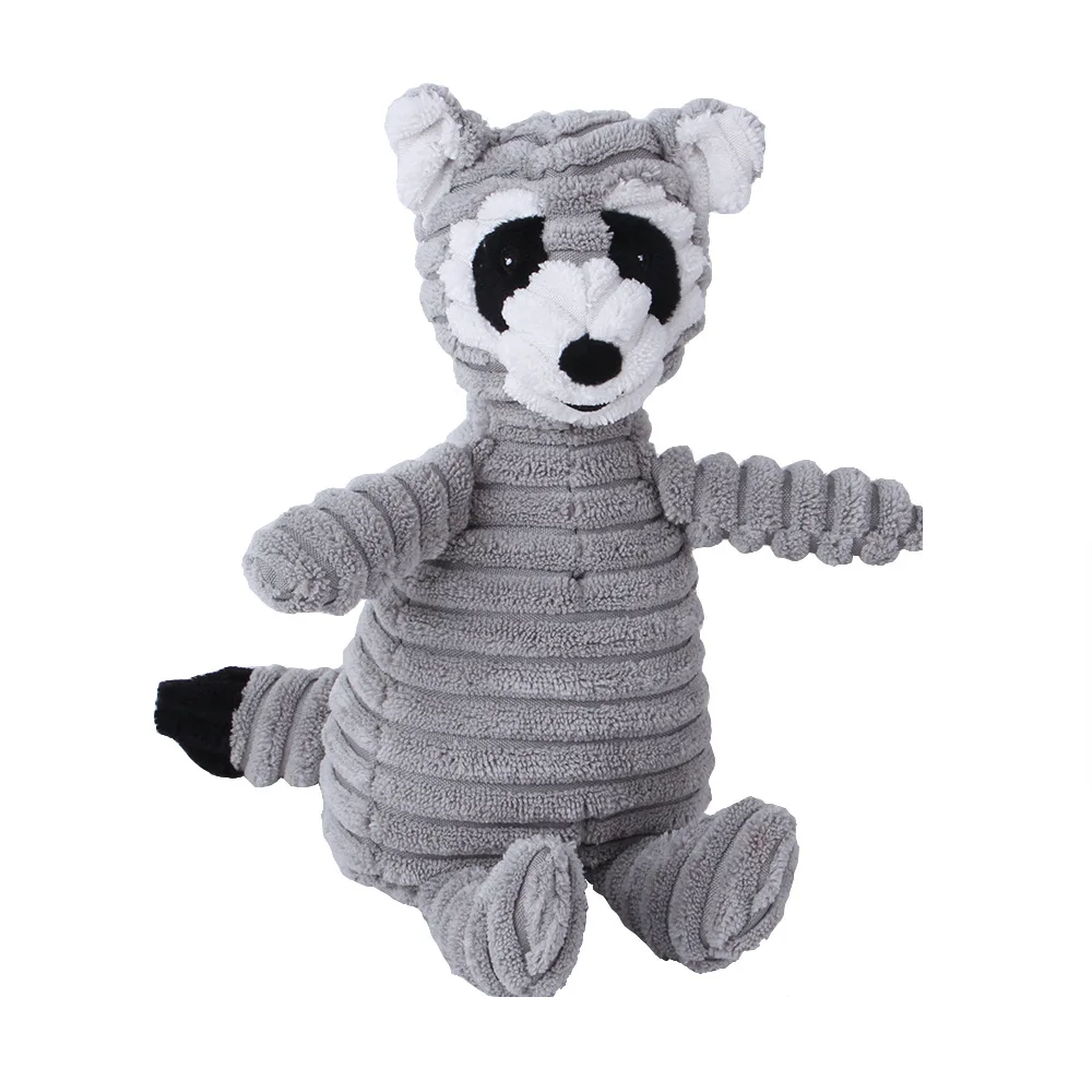 Grey plush raccoon dental chew toy for dogs